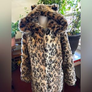 SpiritHoods Brown Black Leopard Classic Faux Fur Coat with Hood & Ears Large
